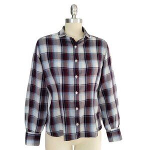 Women's Vintage 1970s Plaid Top Size S Prairie Dark Academia Blouse College Town